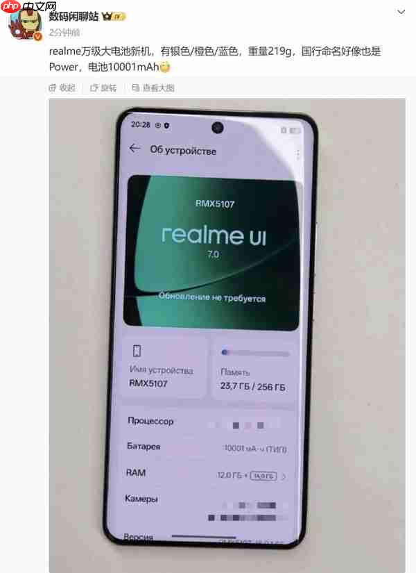 真我10001mAh大电池新机曝光 命名或为&ldquo;真我Power&rdquo;
