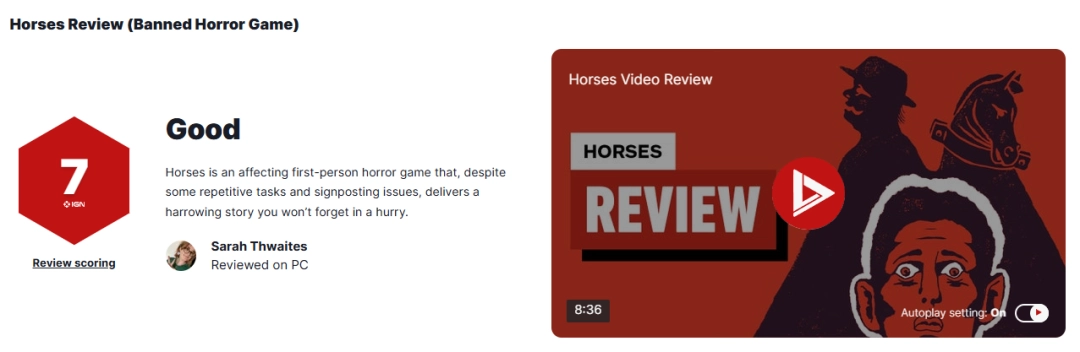 被双平台封杀恐怖新游《Horses》IGN 7分：压抑且极具冲击力！