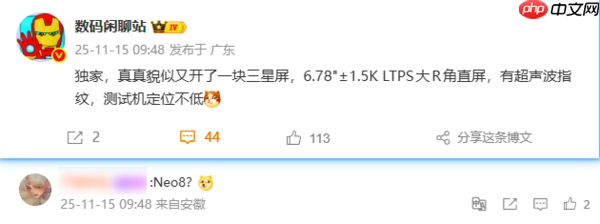 曝真我开案一款1.5K LTPS三星直屏 或由Neo8搭载？