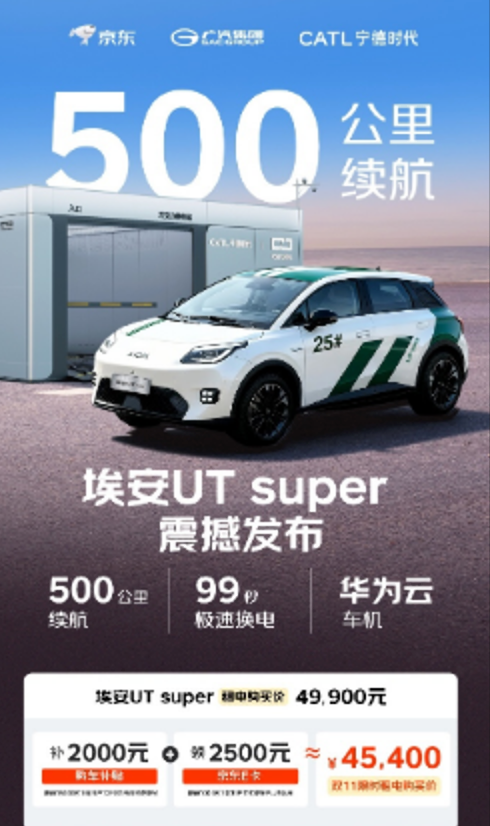 埃安UTsuper租电购买价8.99万：包含车身及电池所有权