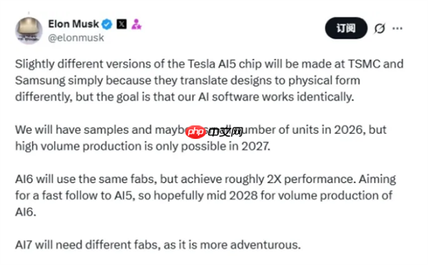 马斯克：特斯拉AI5芯片明年出样品 台积电三星共造