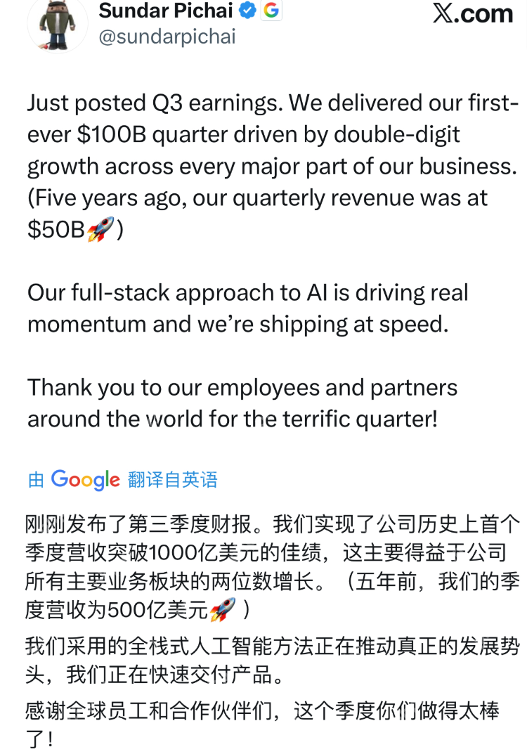 谷歌季度营收首破千亿美元，股价盘后大涨超6%