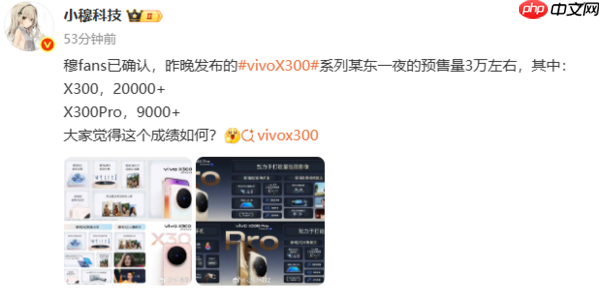 曝vivo X300某平台发布当晚预售量约3万 标准版超2万