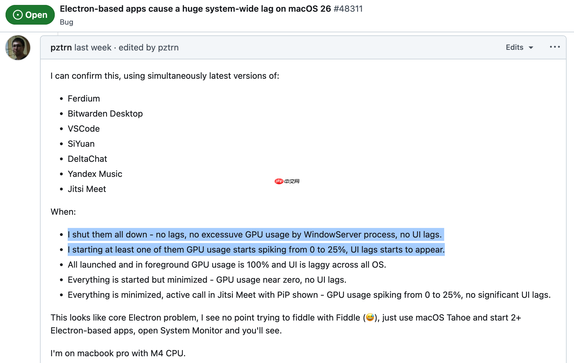 macOS 26 运行“Electron 系应用”导致系统全局性严重卡顿 