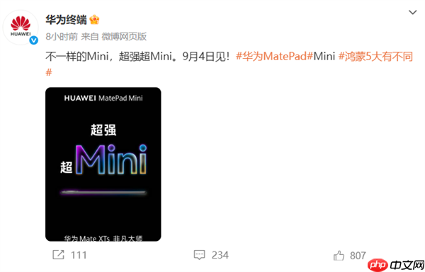华为正式进军小屏平板赛道！8.8英寸“超大号手机”来了 9月4日见