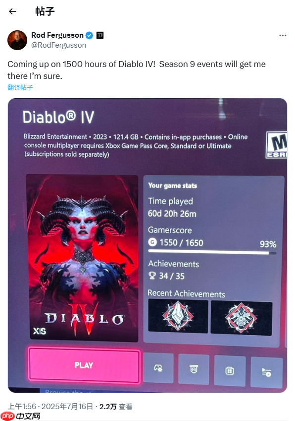 《暗黑破坏神4》总监游玩时长近1500小时 仍未解锁全成就！