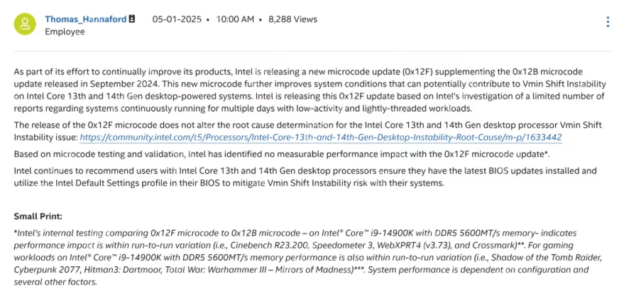 问题还没修完!Intel对第13/14代cpu推出热修补更新
