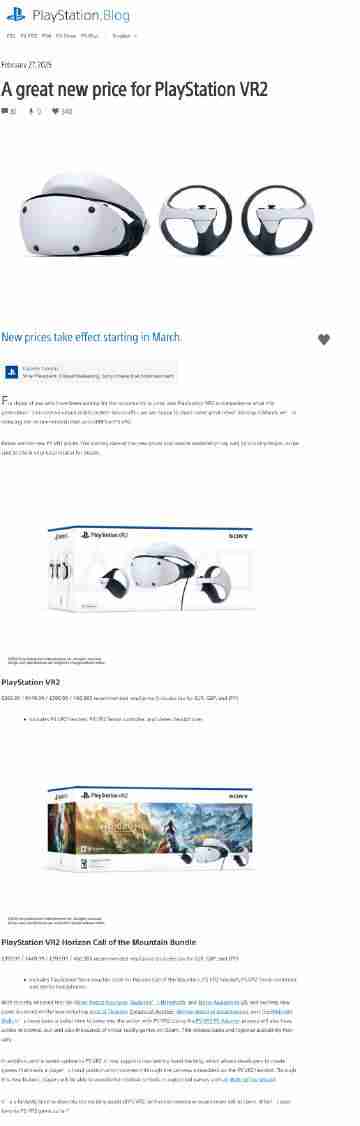 索尼官方宣布PSVR2将于3月份开始降价仅售399.99美元