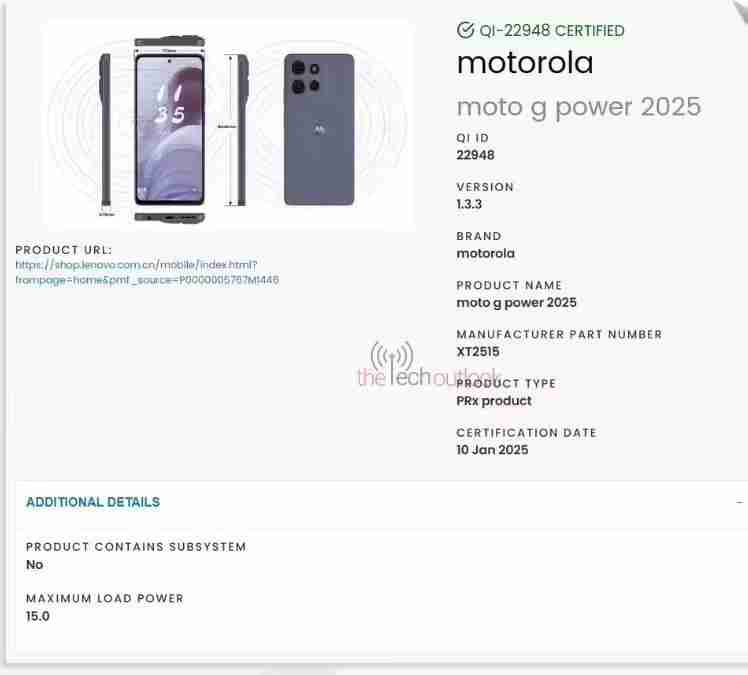 2025款摩托罗拉Moto G Power手机渲染图曝光：15W无线充电