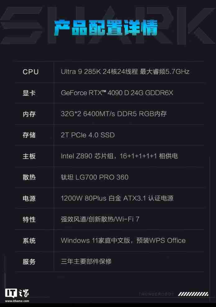 雷神黑武士 Shark 台式电竞主机“Ultra 9 285K + 64G + 2T + RTX4090D”配置首销,31999 元
