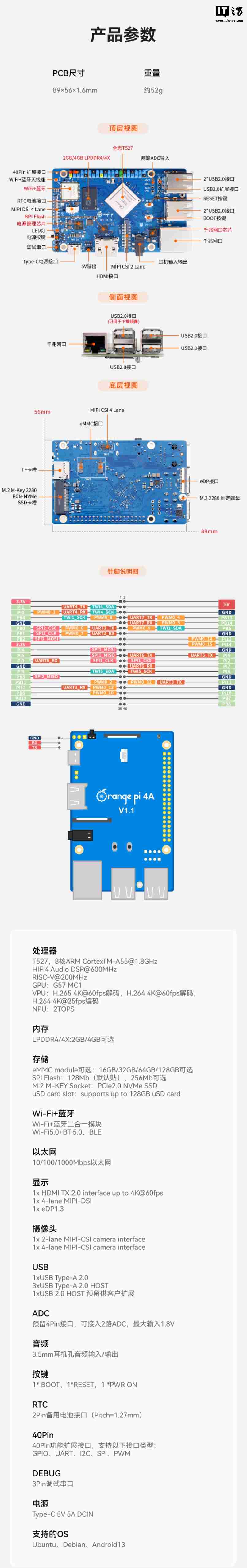 香橙派推出 OrangePi 4A 开发板：全志 T527 八核异构处理器，261 元起
