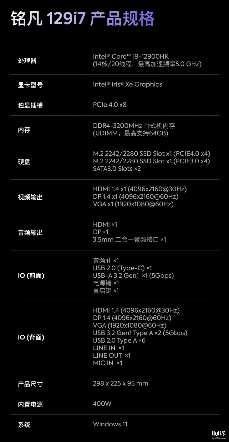 铭凡推出 129i7 台式机：i9-12900HK、7L 机箱，准系统售 2119 元