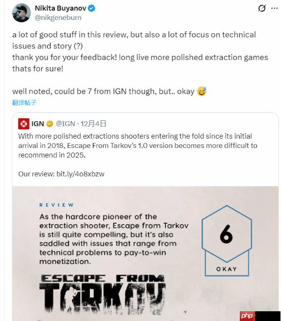 《逃离塔科夫》总监"抱怨"IGN给6分：感觉能有7分吧
