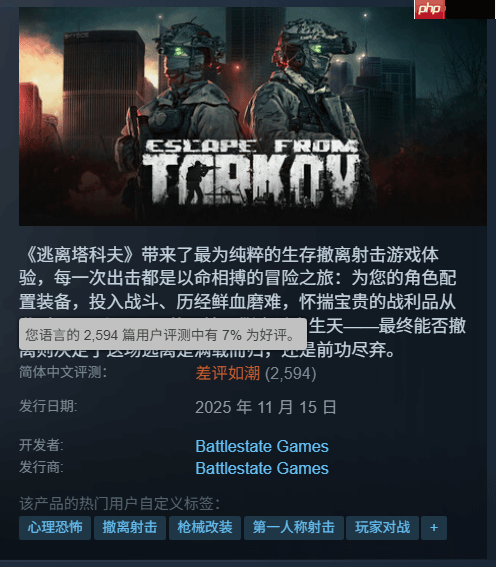 《逃离塔科夫》Steam差评如潮！服务器崩溃玩家失望