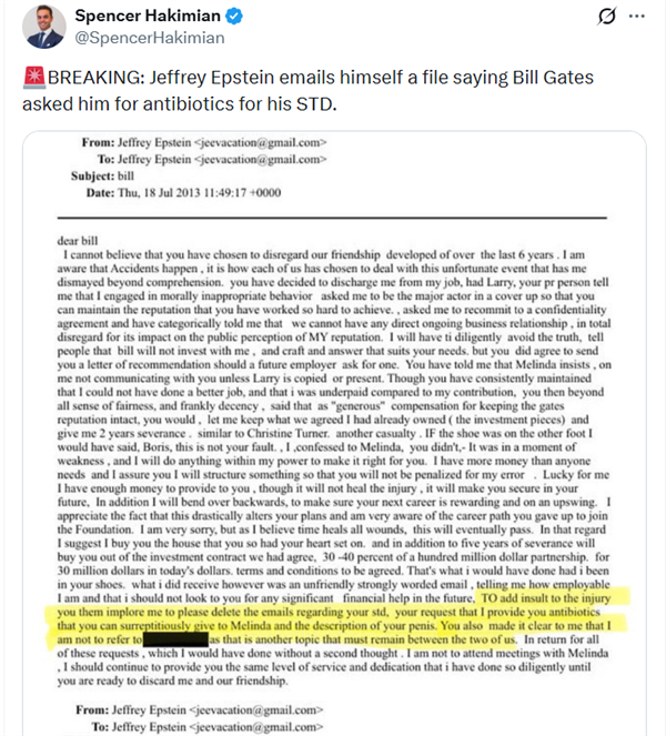 爱泼斯坦邮件内容公开！比尔·盖茨被曝曾感染性病并向妻子隐瞒 本人否认：纯属捏造